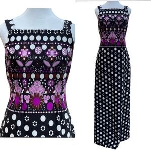 Vintage 60s Polka Dot Floral Maxi Dress Jacket Set Mod Sleeveless Purple White 8
